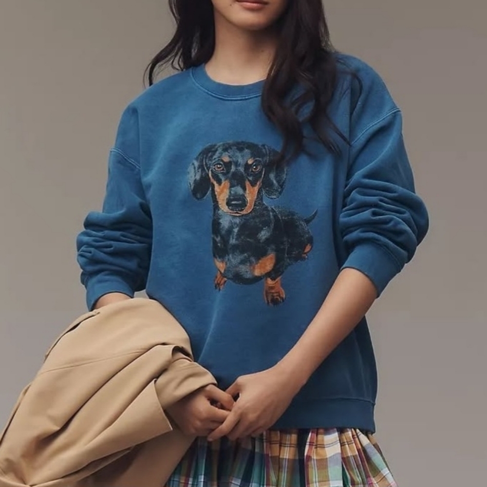 .Anthropologie Dachshund Puppy Dog Print Graphic Oversized  Sweatshirt. - Picture 2 of 7